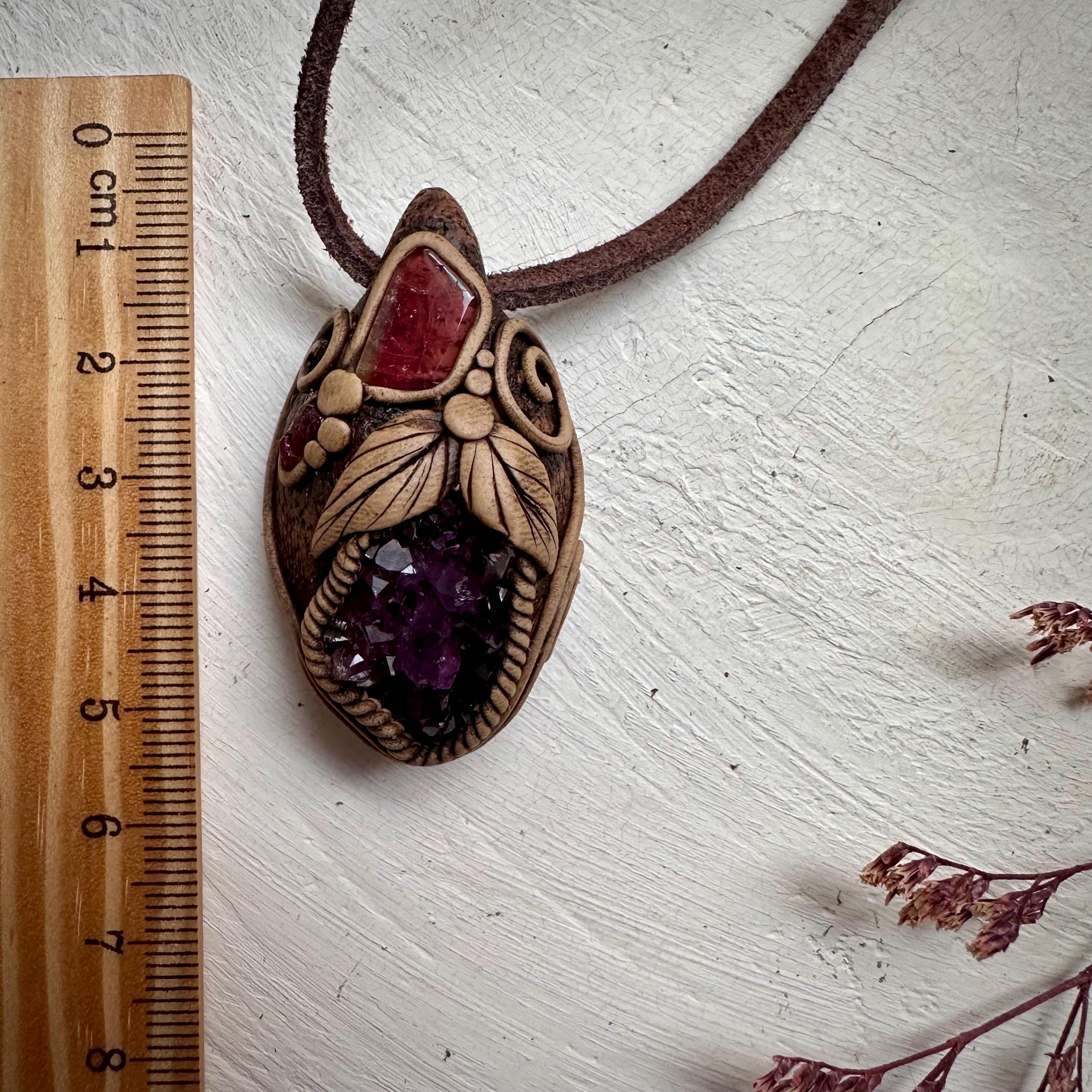 Amethyst Cluster Bi Color Tourmaline and Raw Mozambique Ruby Pendant Necklace - FairyGardenGlow