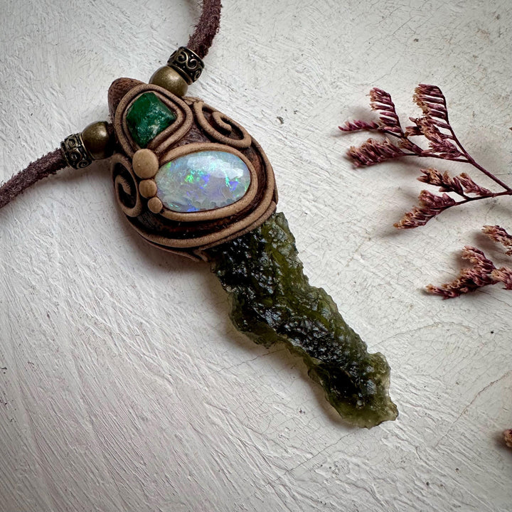 Moldavite Australian Opal and Raw Emerald Necklace - FairyGardenGlow