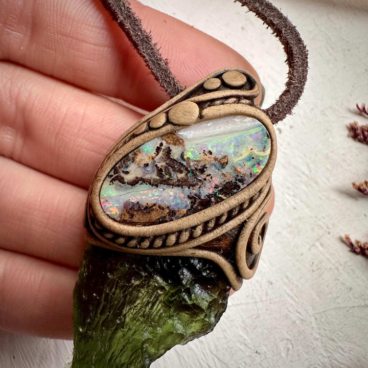 Large Moldavite and Boulder Opal Necklace - FairyGardenGlow