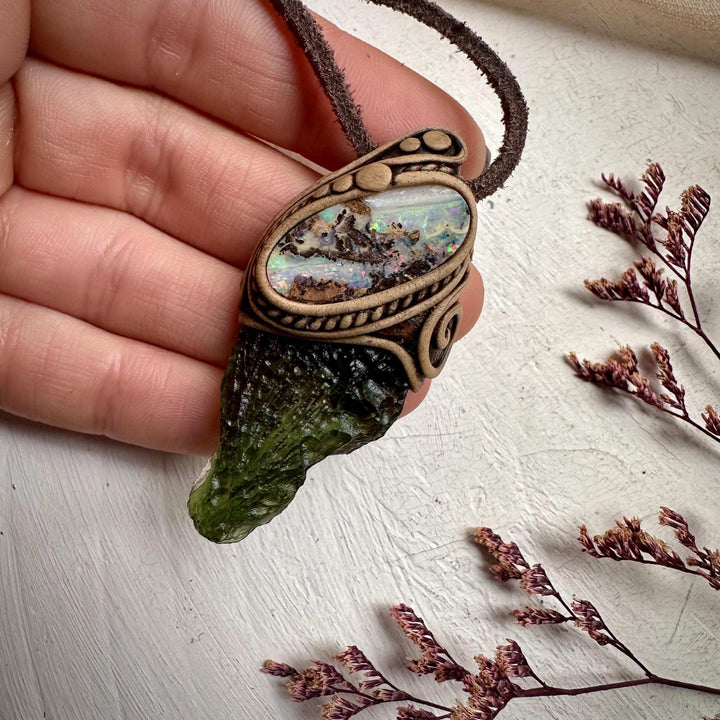 Large Moldavite and Boulder Opal Necklace - FairyGardenGlow