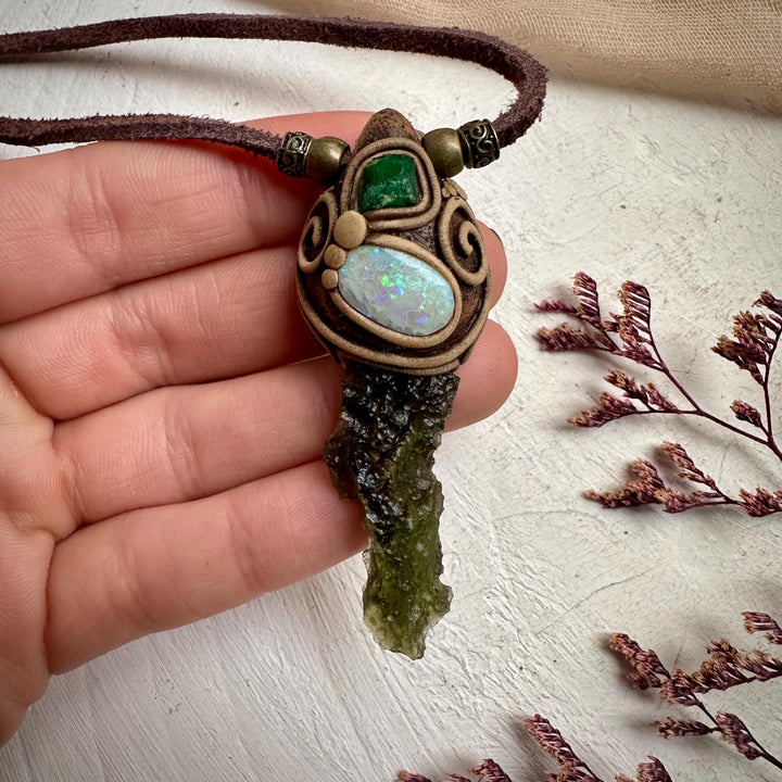 Moldavite Australian Opal and Raw Emerald Necklace - FairyGardenGlow