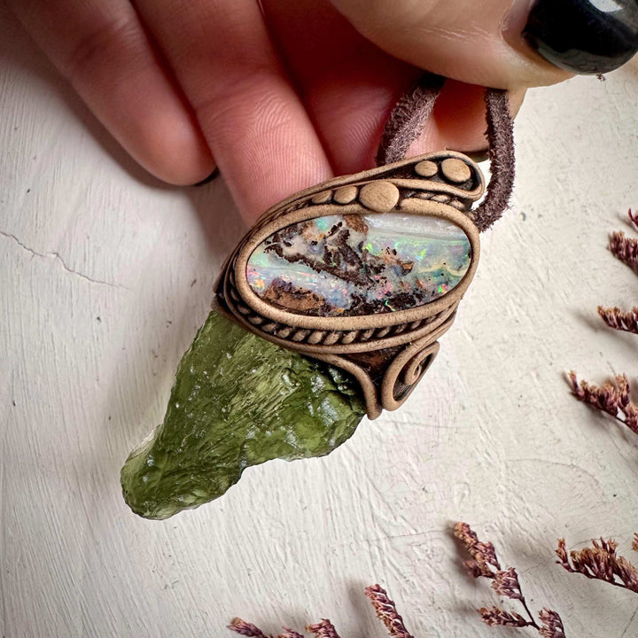 Large Moldavite and Boulder Opal Necklace - FairyGardenGlow