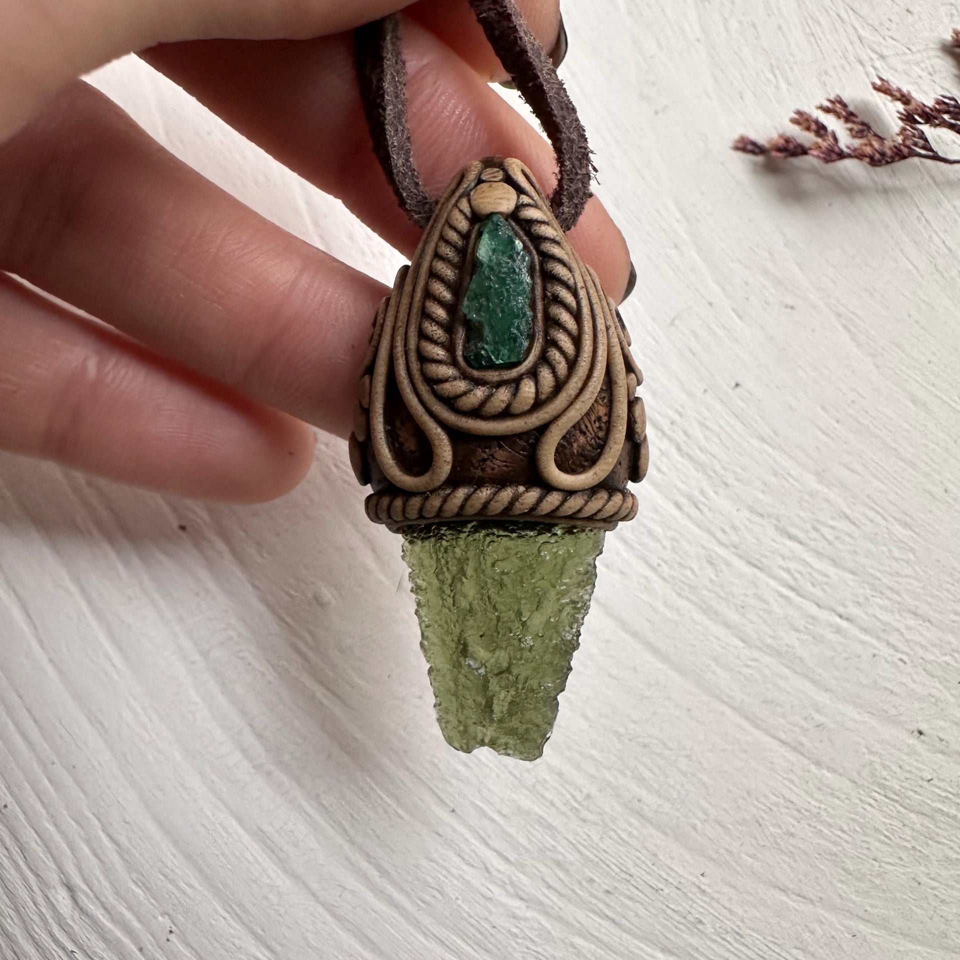 Moldavite and Raw Emerald Necklace - FairyGardenGlow