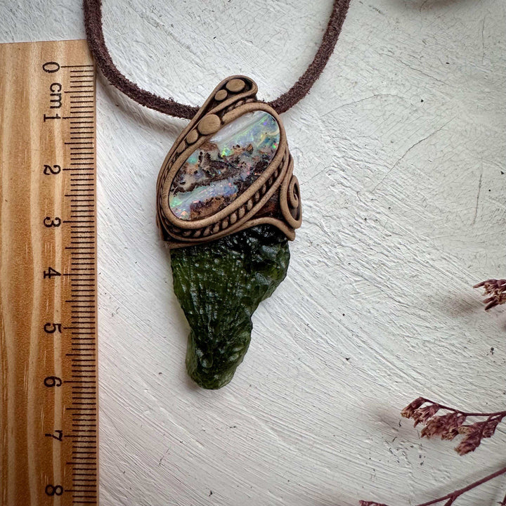 Large Moldavite and Boulder Opal Necklace - FairyGardenGlow