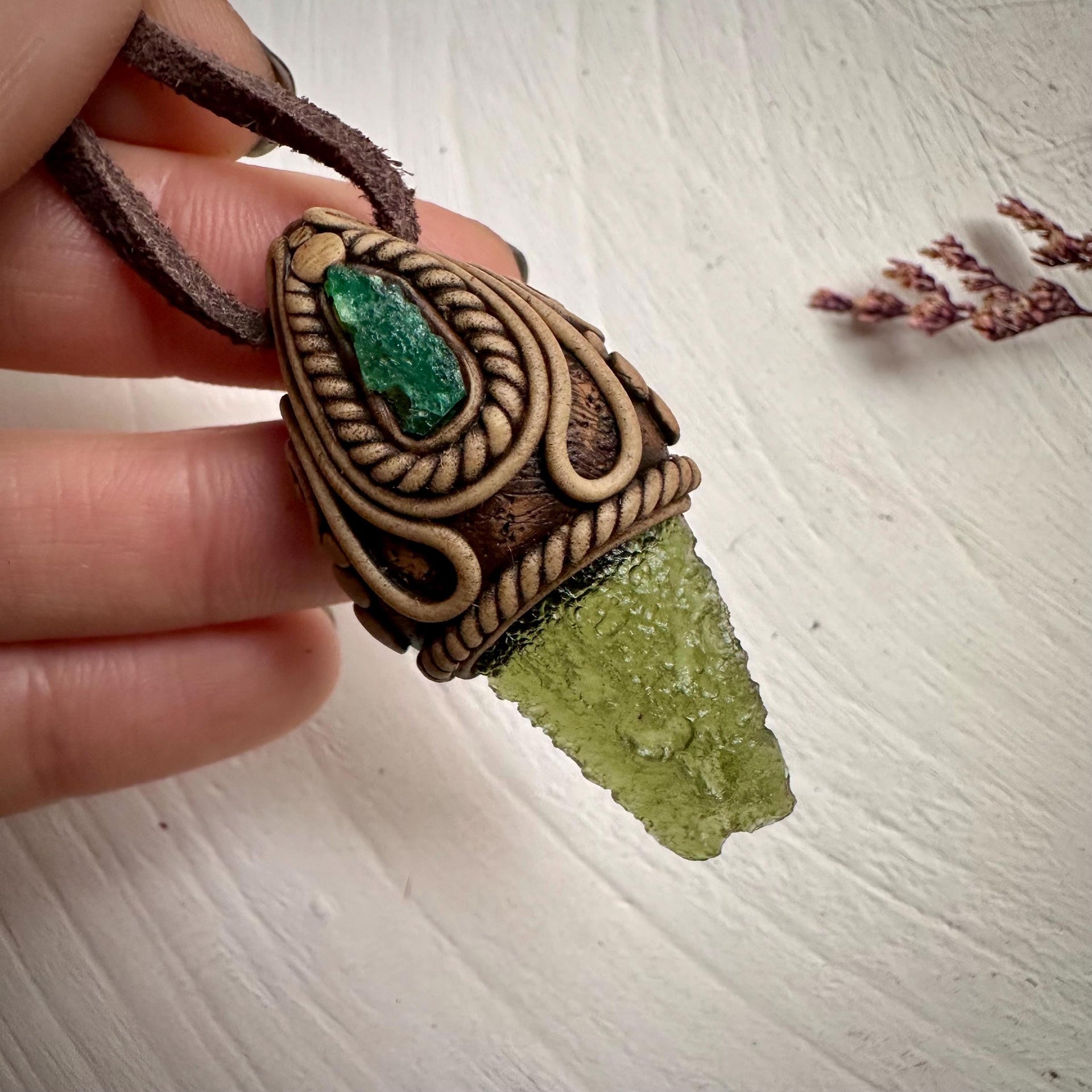 Moldavite and Raw Emerald Necklace - FairyGardenGlow