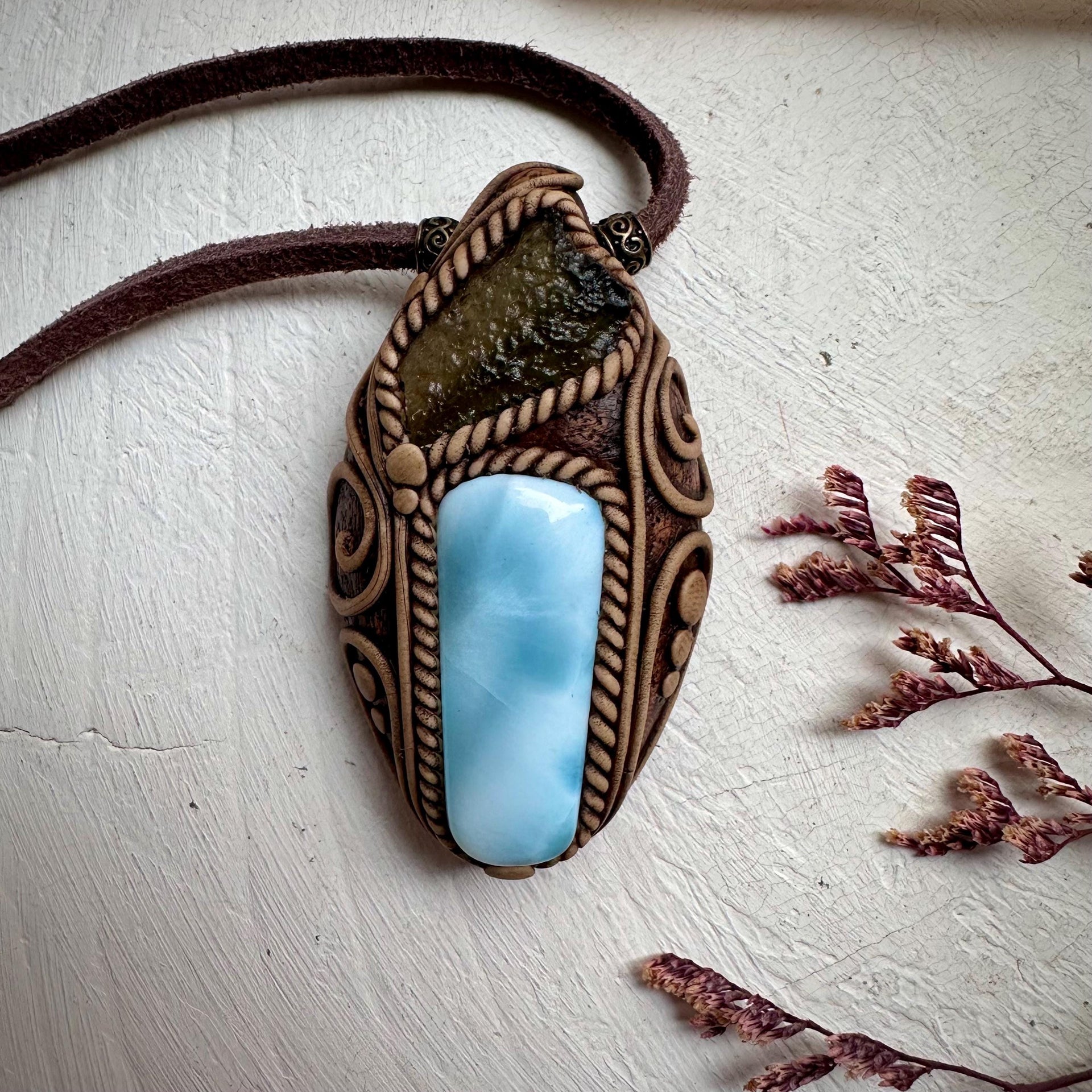 Larimar and Moldavite Pendant Necklace - FairyGardenGlow