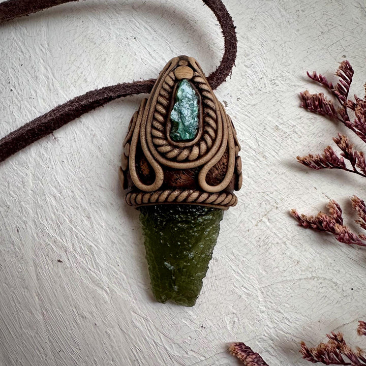 Moldavite and Raw Emerald Necklace - FairyGardenGlow