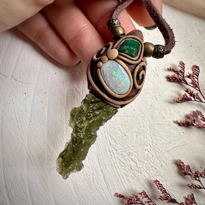 Moldavite Australian Opal and Raw Emerald Necklace - FairyGardenGlow