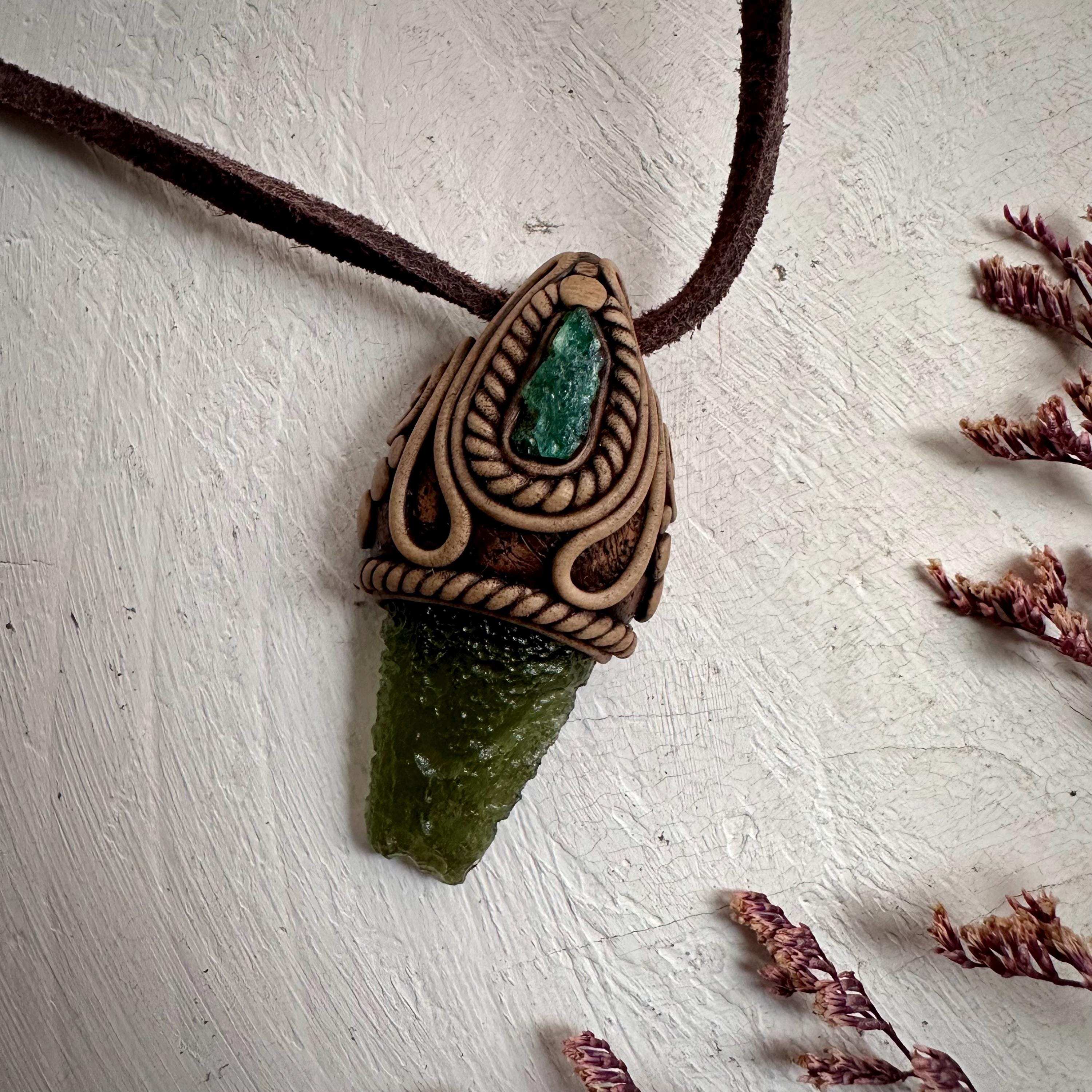 Moldavite and Raw Emerald Necklace - FairyGardenGlow
