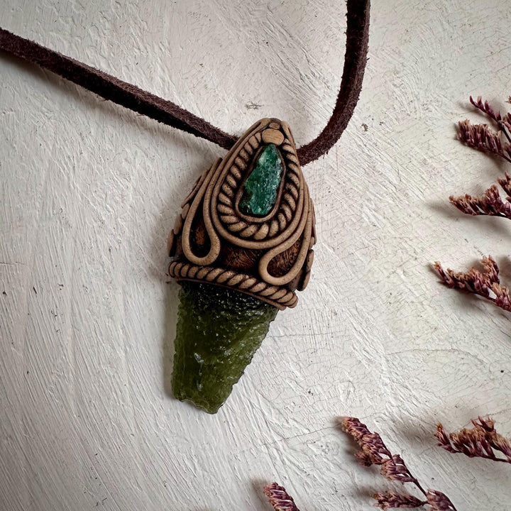Moldavite and Raw Emerald Necklace - FairyGardenGlow