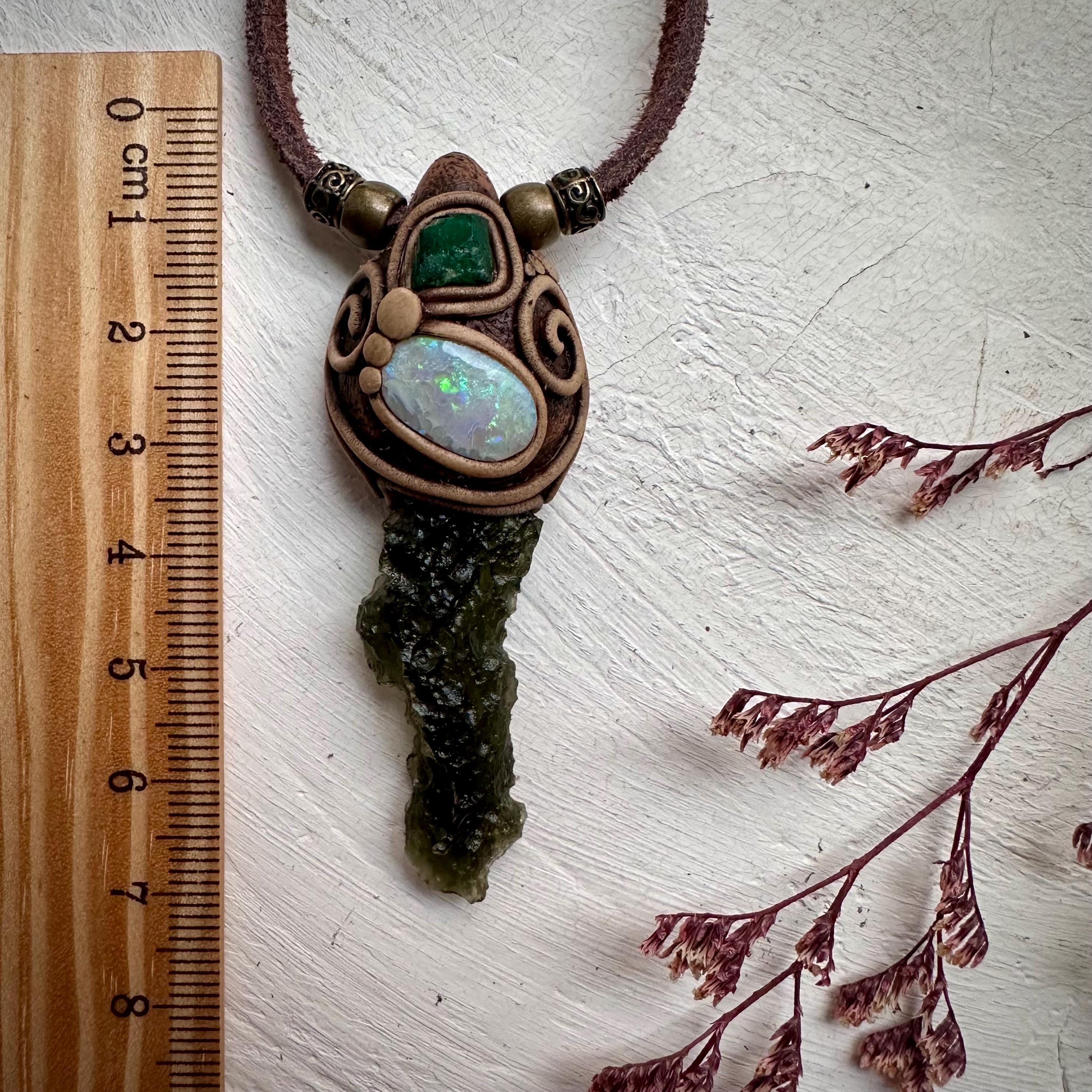 Moldavite Australian Opal and Raw Emerald Necklace - FairyGardenGlow