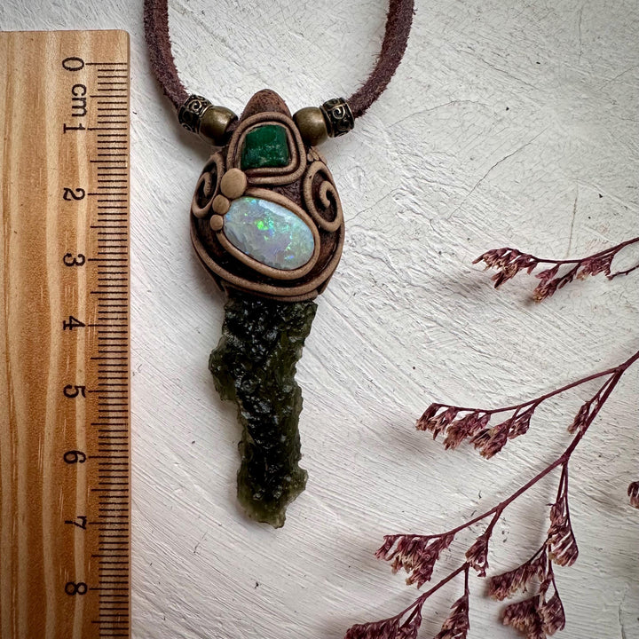 Moldavite Australian Opal and Raw Emerald Necklace - FairyGardenGlow