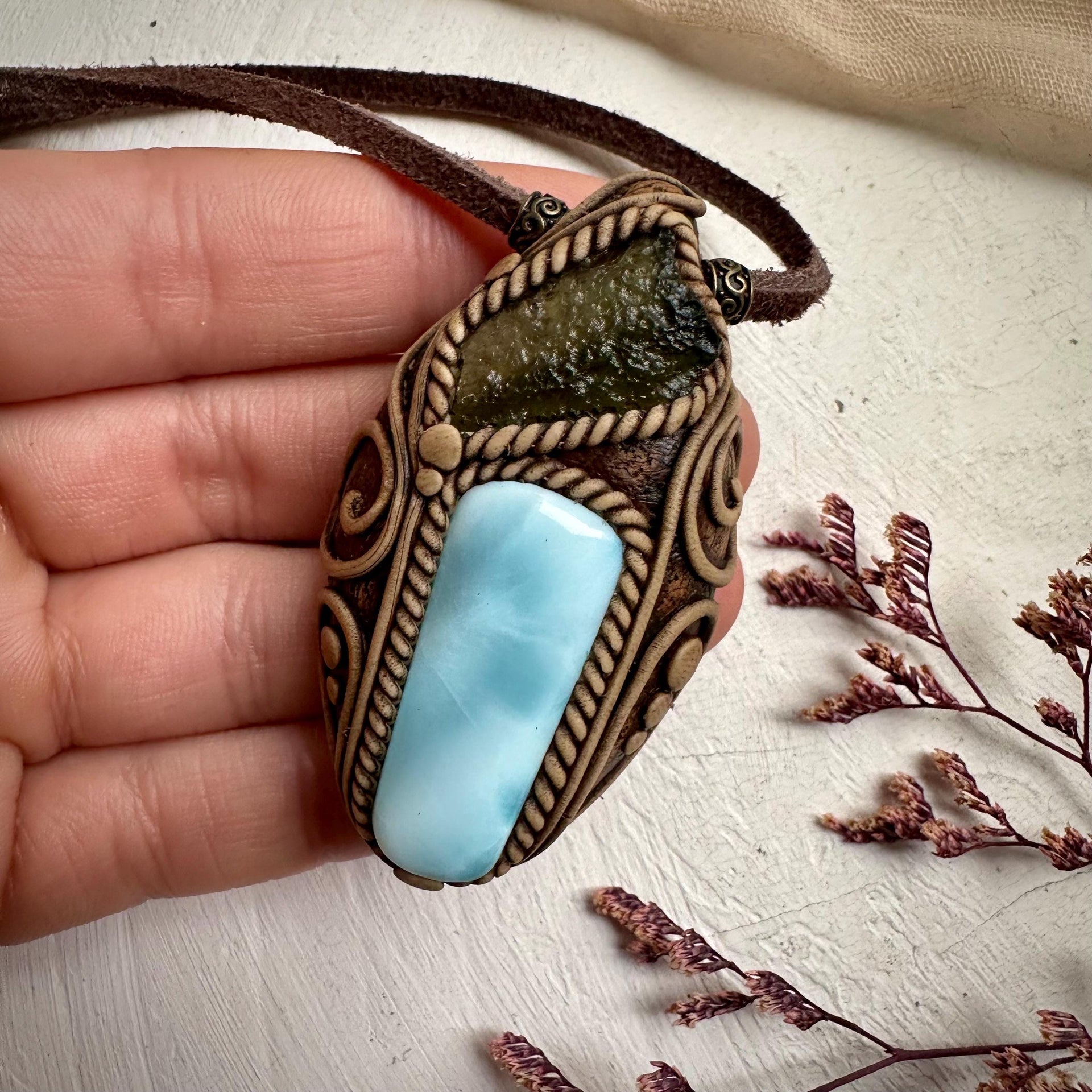 Larimar and Moldavite Pendant Necklace - FairyGardenGlow