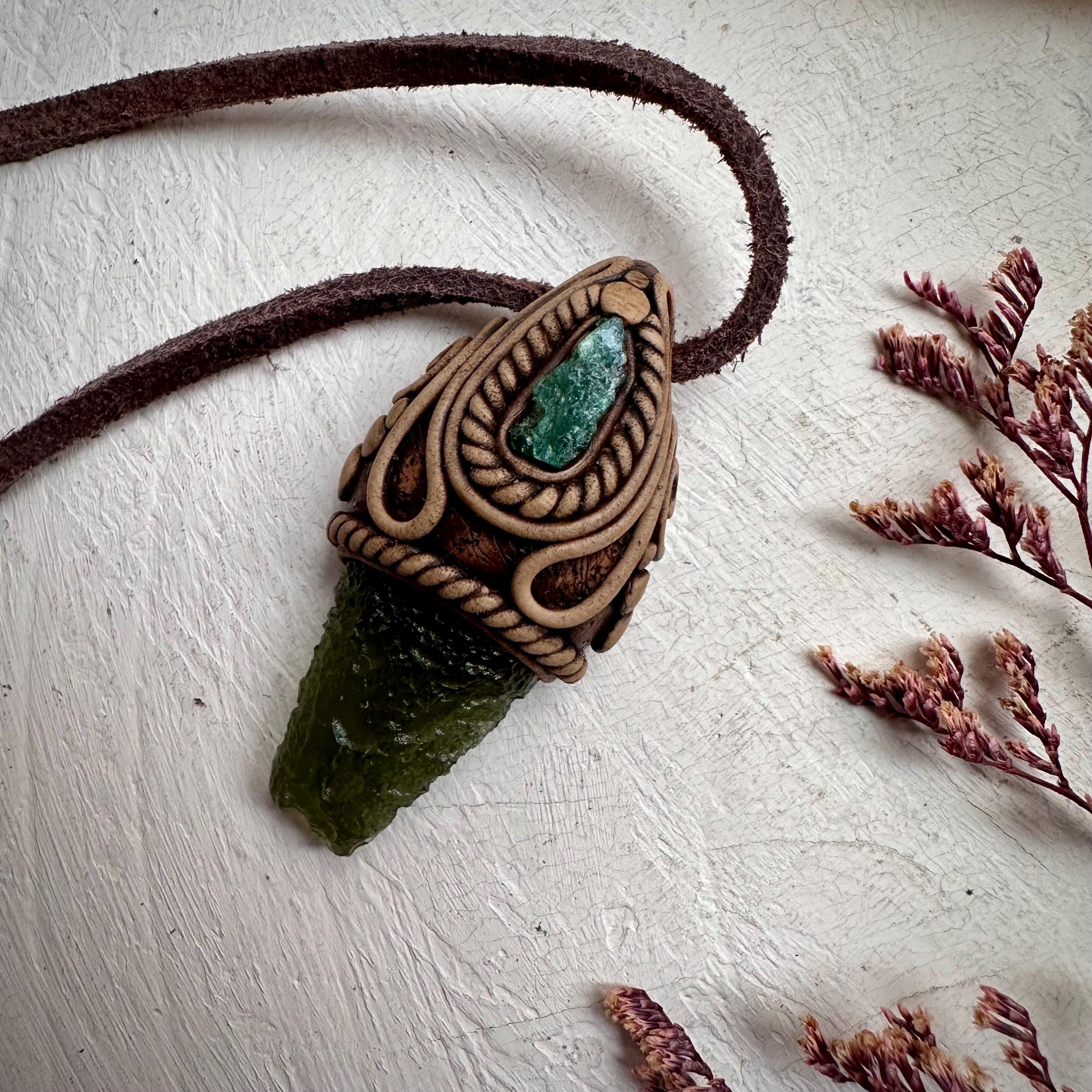 Moldavite and Raw Emerald Necklace - FairyGardenGlow