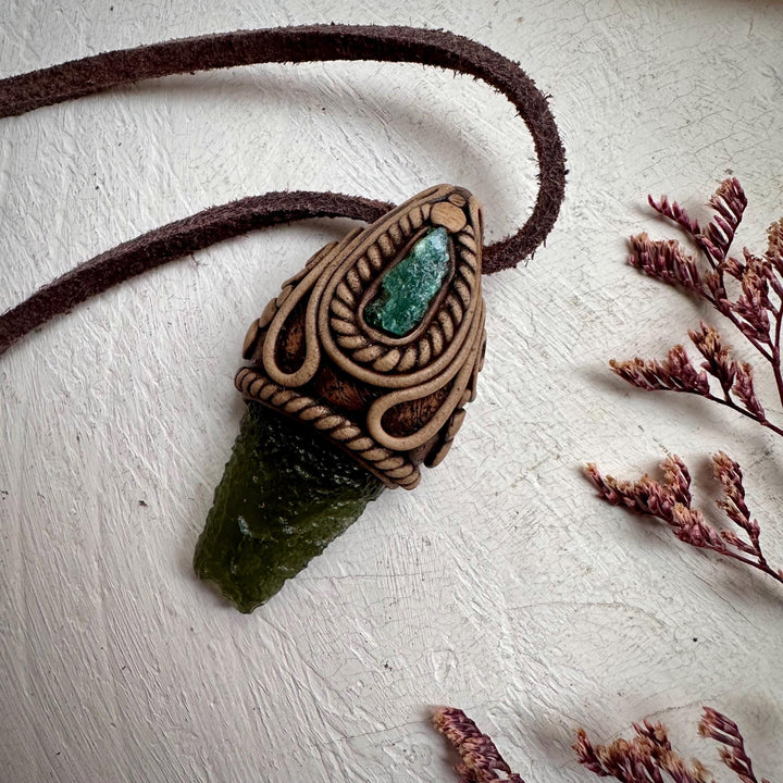 Moldavite and Raw Emerald Necklace - FairyGardenGlow