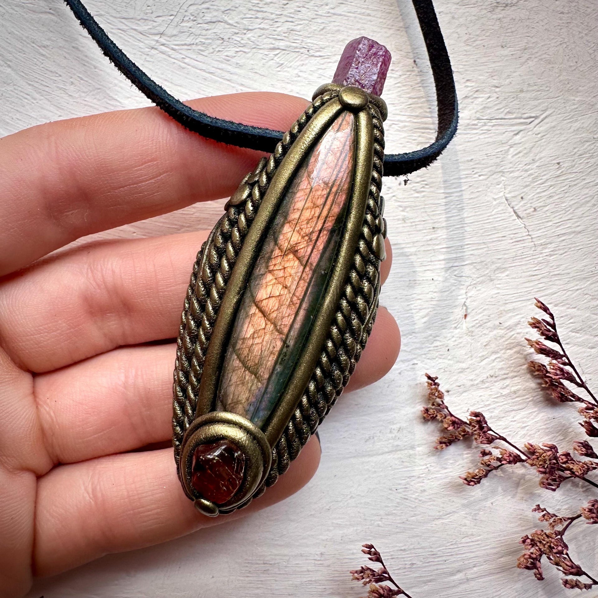 Labradorite Hessonite Garnet and Ruby Necklace - FairyGardenGlow