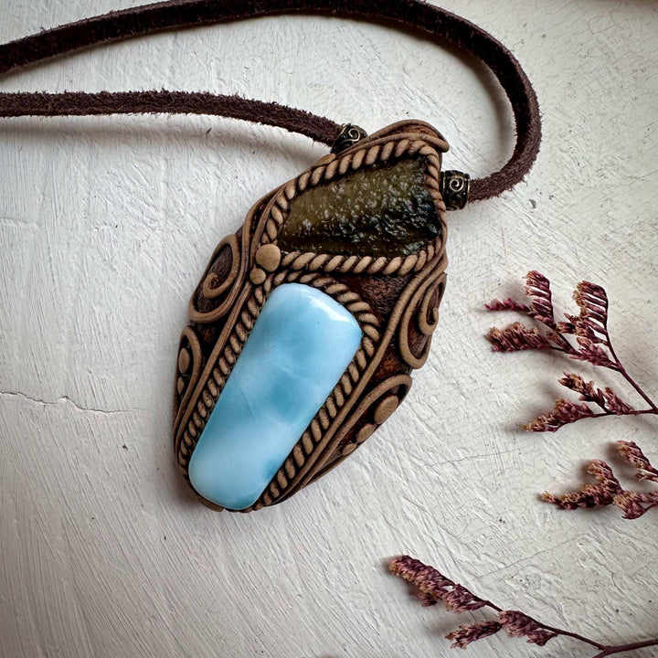Larimar and Moldavite Pendant Necklace - FairyGardenGlow