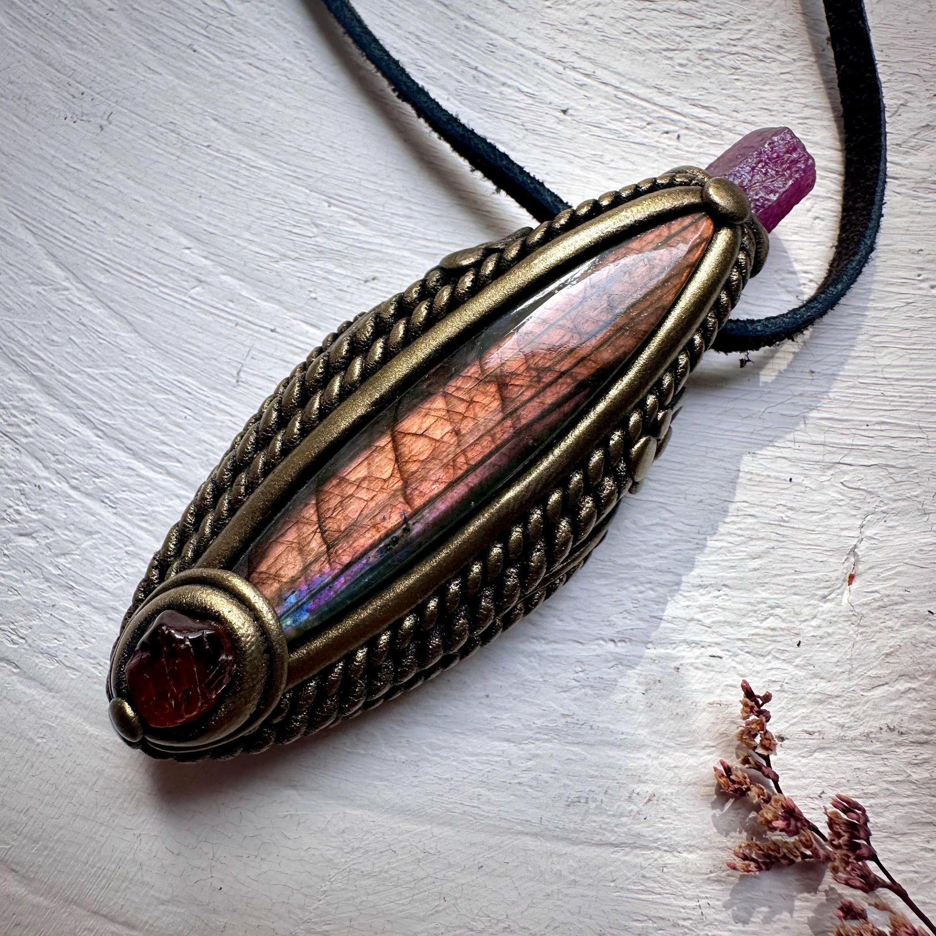 Labradorite Hessonite Garnet and Ruby Necklace - FairyGardenGlow