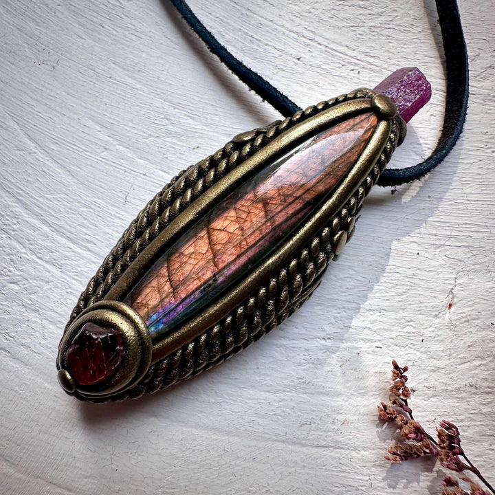 Labradorite Hessonite Garnet and Ruby Necklace - FairyGardenGlow