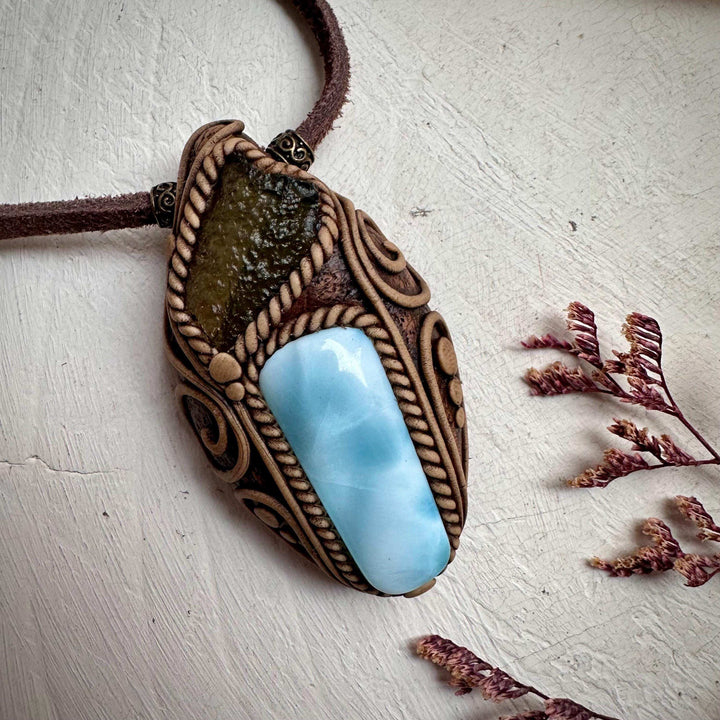 Larimar and Moldavite Pendant Necklace - FairyGardenGlow
