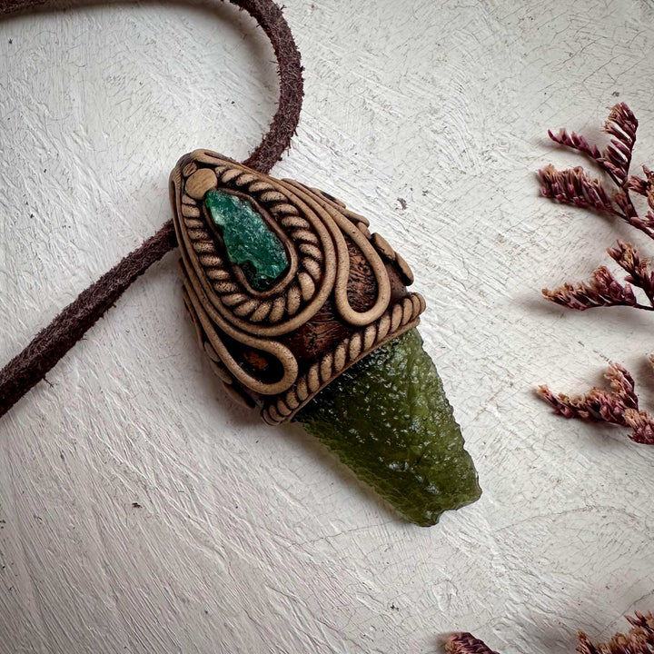 Moldavite and Raw Emerald Necklace - FairyGardenGlow