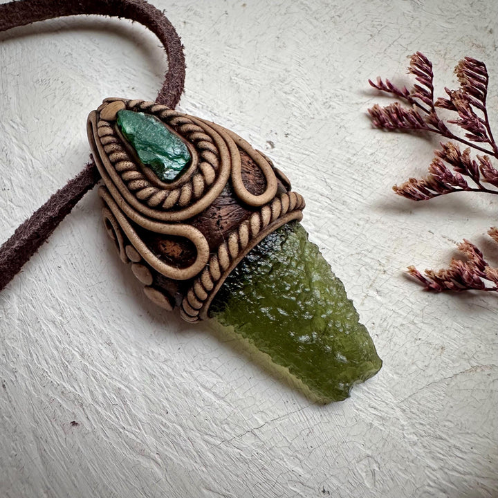 Moldavite and Raw Emerald Necklace - FairyGardenGlow