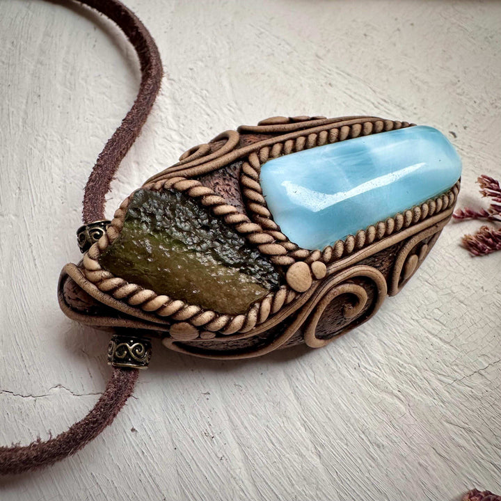 Larimar and Moldavite Pendant Necklace - FairyGardenGlow