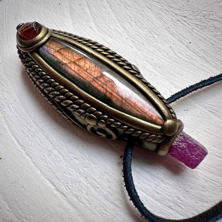 Labradorite Hessonite Garnet and Ruby Necklace - FairyGardenGlow