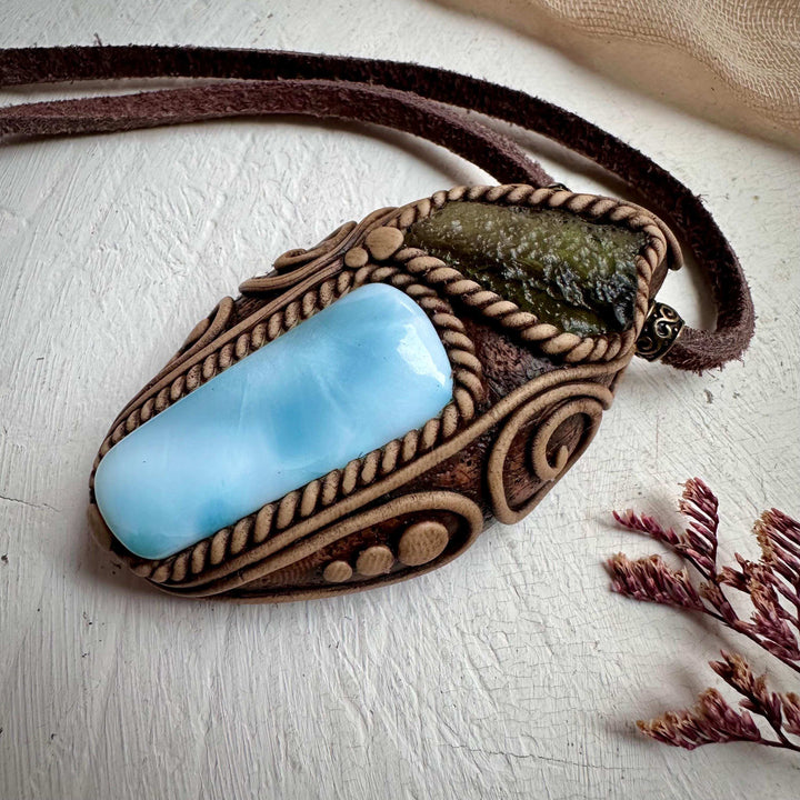 Larimar and Moldavite Pendant Necklace - FairyGardenGlow