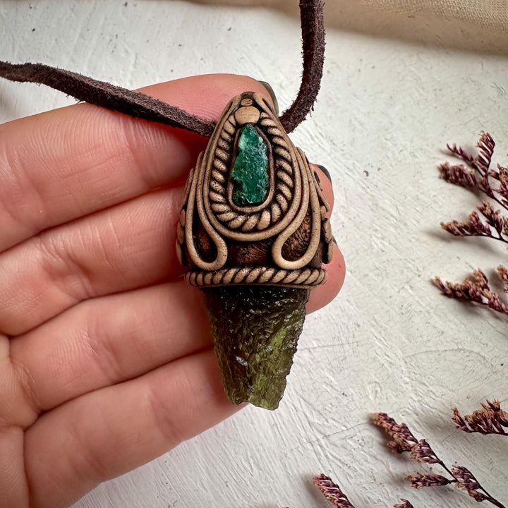 Moldavite and Raw Emerald Necklace - FairyGardenGlow