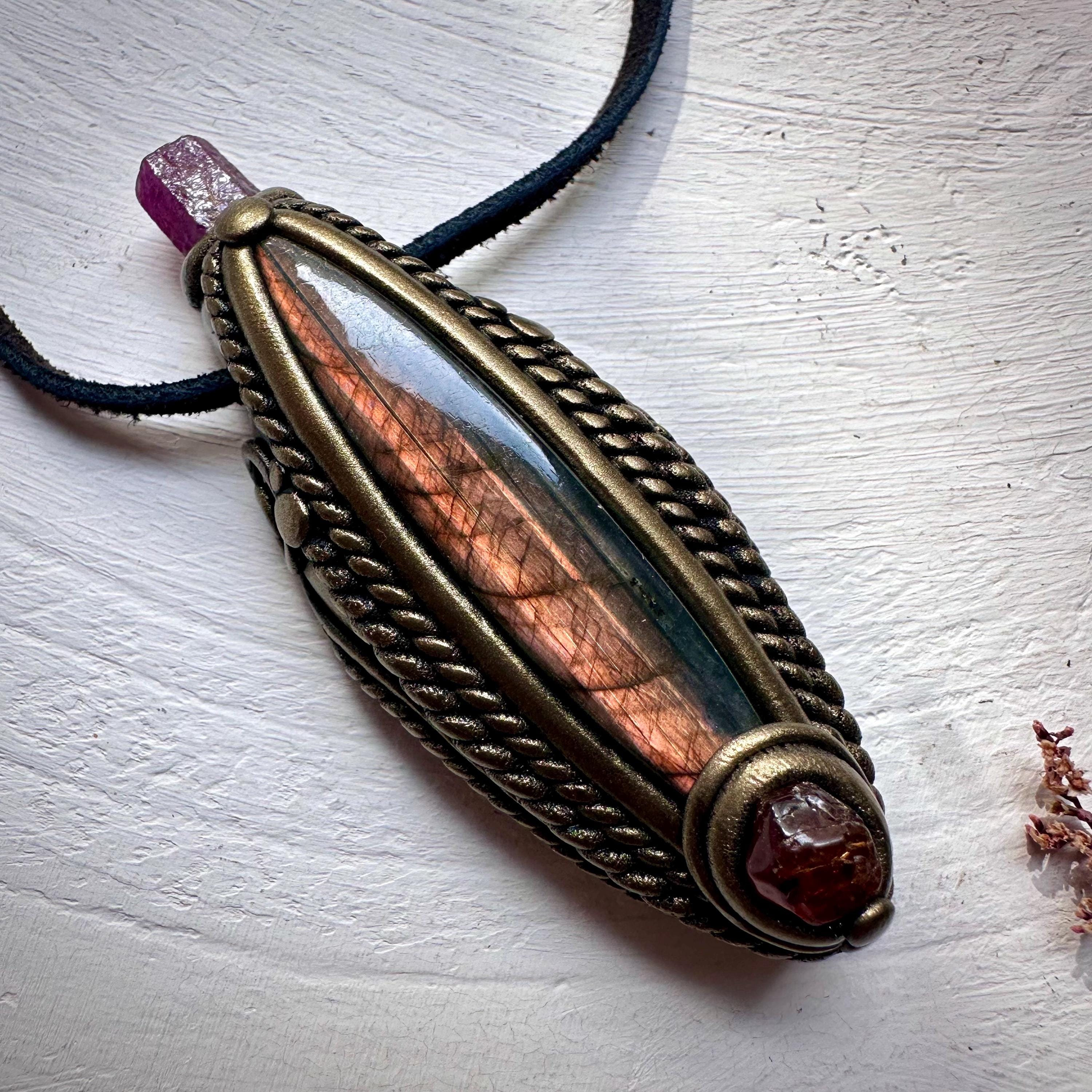 Labradorite Hessonite Garnet and Ruby Necklace - FairyGardenGlow