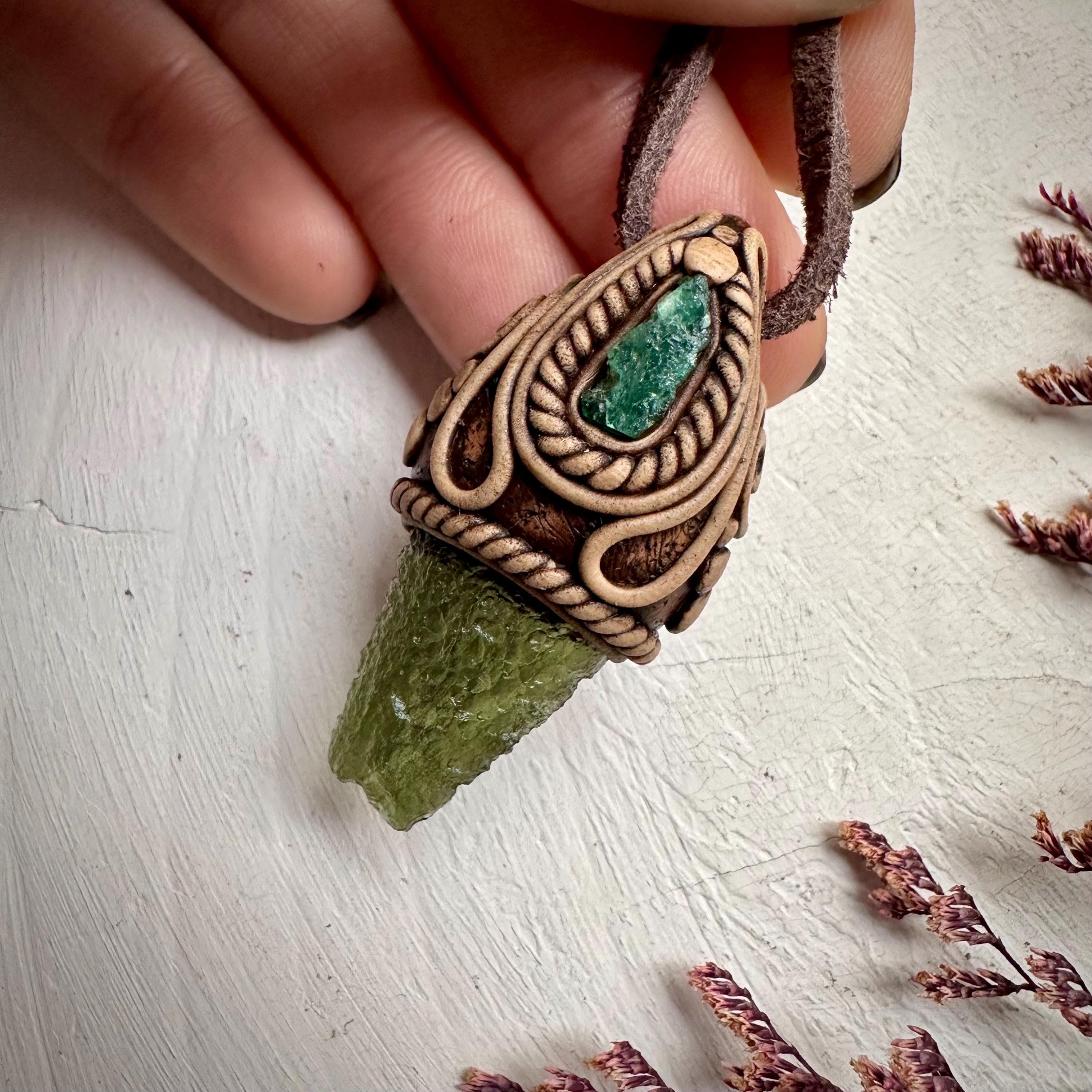 Moldavite and Raw Emerald Necklace - FairyGardenGlow