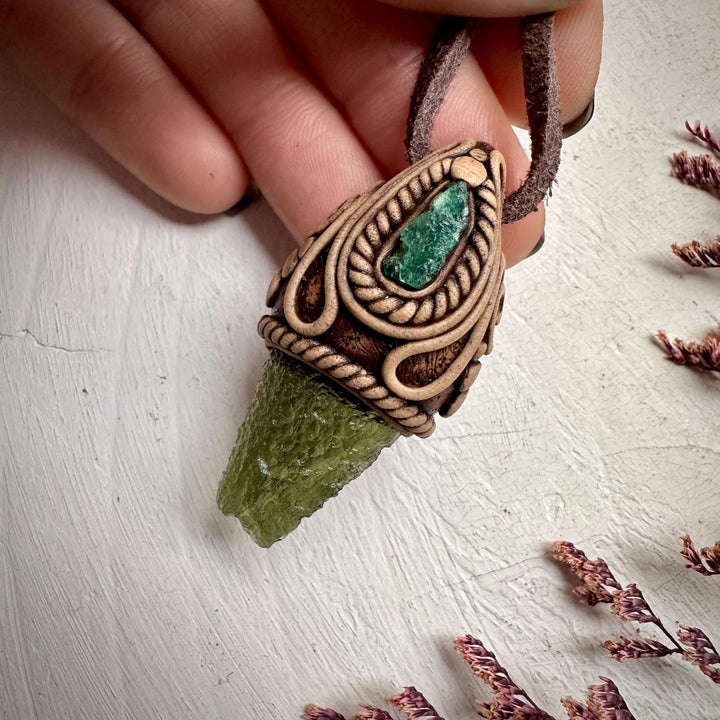 Moldavite and Raw Emerald Necklace - FairyGardenGlow