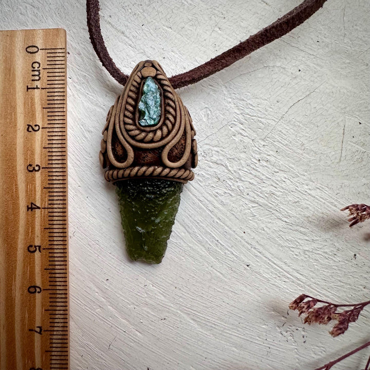 Moldavite and Raw Emerald Necklace - FairyGardenGlow