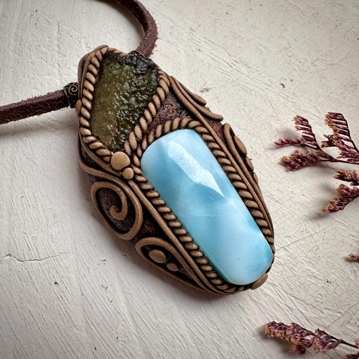 Larimar and Moldavite Pendant Necklace - FairyGardenGlow
