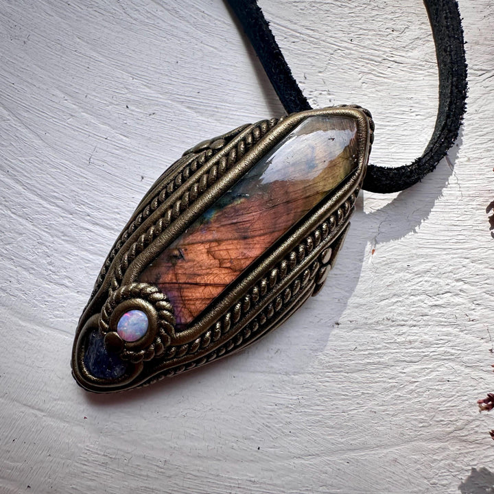 Labradorite Tanzanite and Australian Opal Pendant Necklace - FairyGardenGlow
