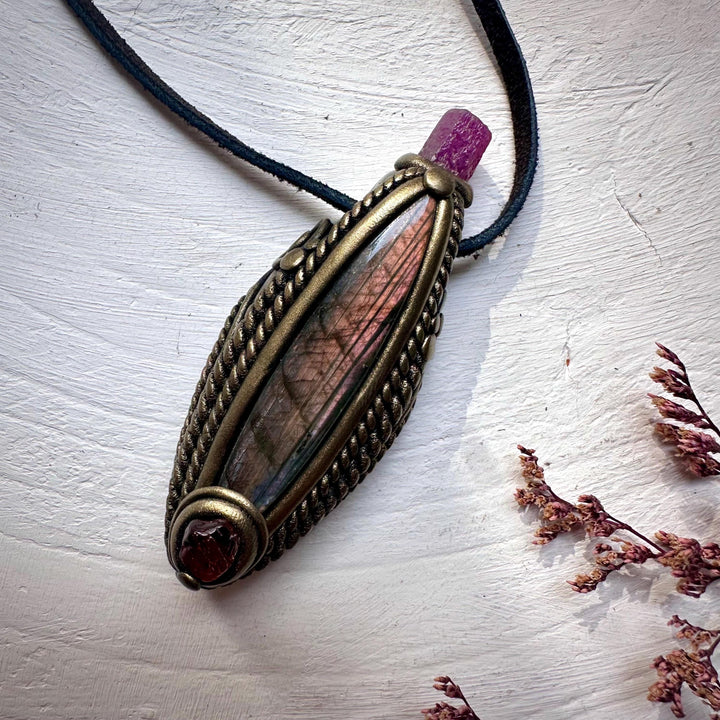 Labradorite Hessonite Garnet and Ruby Necklace - FairyGardenGlow