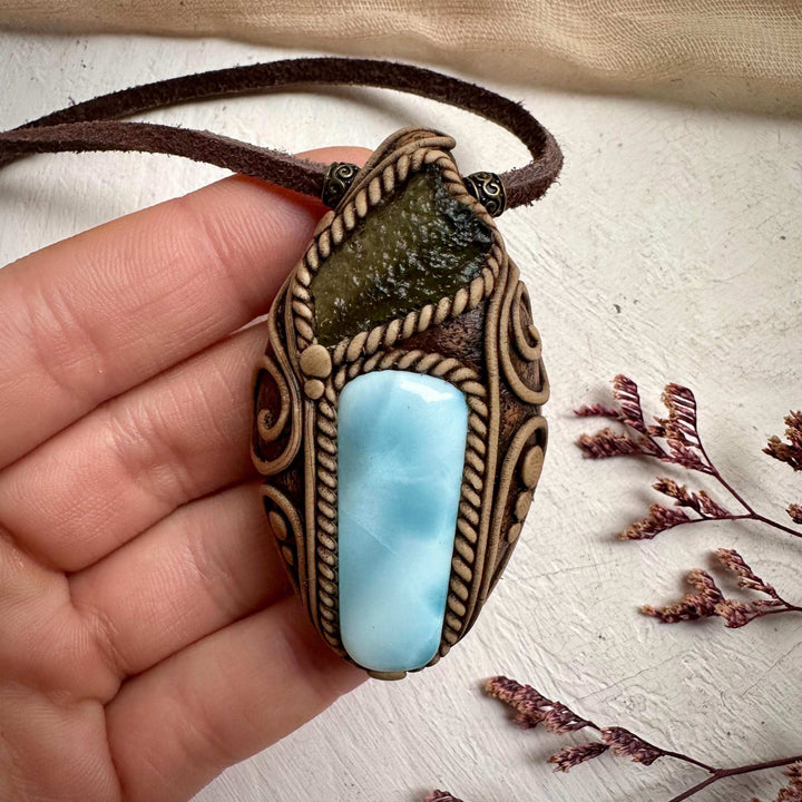 Larimar and Moldavite Pendant Necklace - FairyGardenGlow