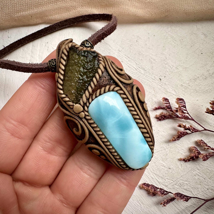 Larimar and Moldavite Pendant Necklace - FairyGardenGlow