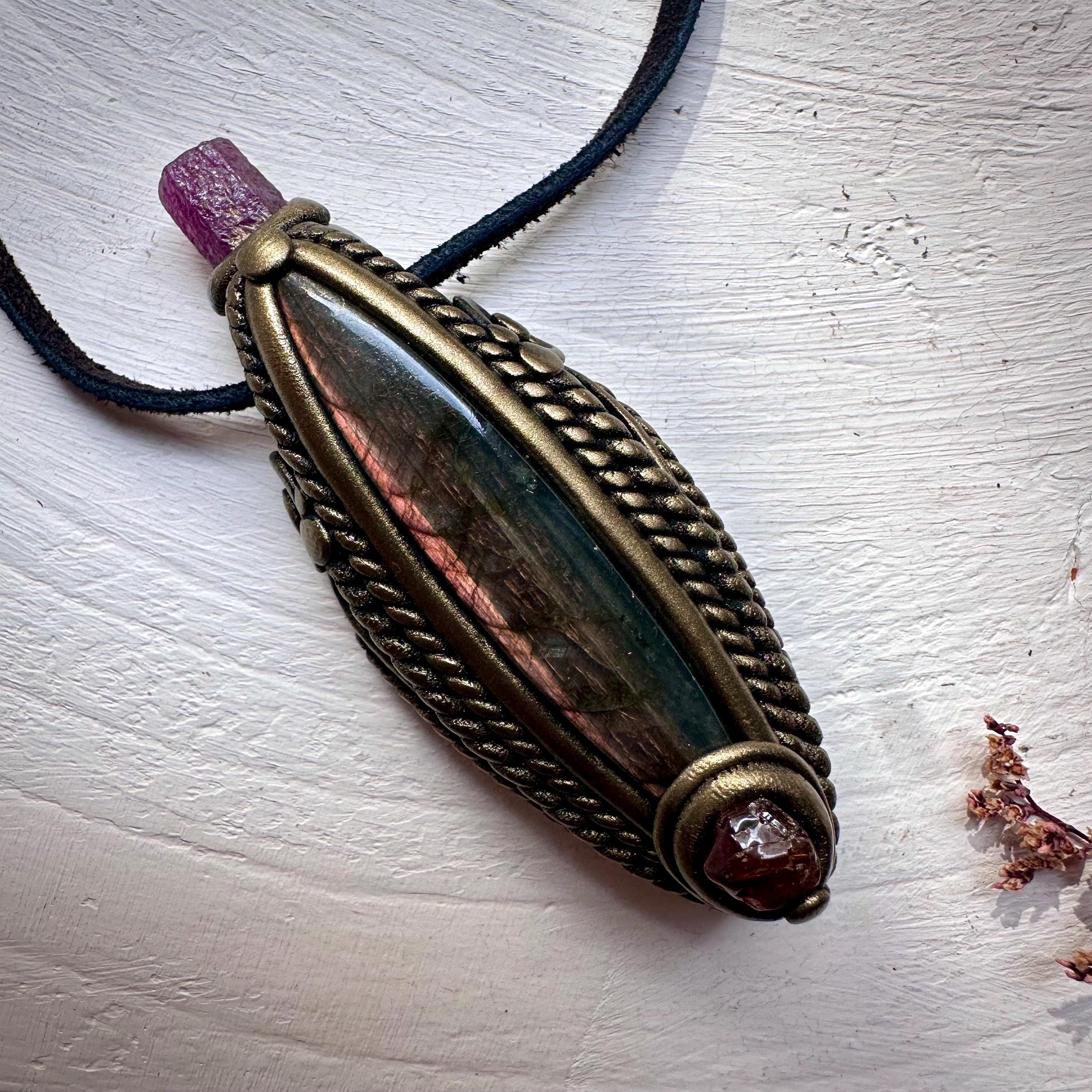 Labradorite Hessonite Garnet and Ruby Necklace - FairyGardenGlow
