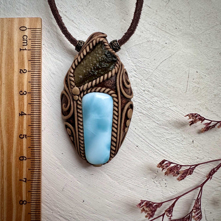 Larimar and Moldavite Pendant Necklace - FairyGardenGlow