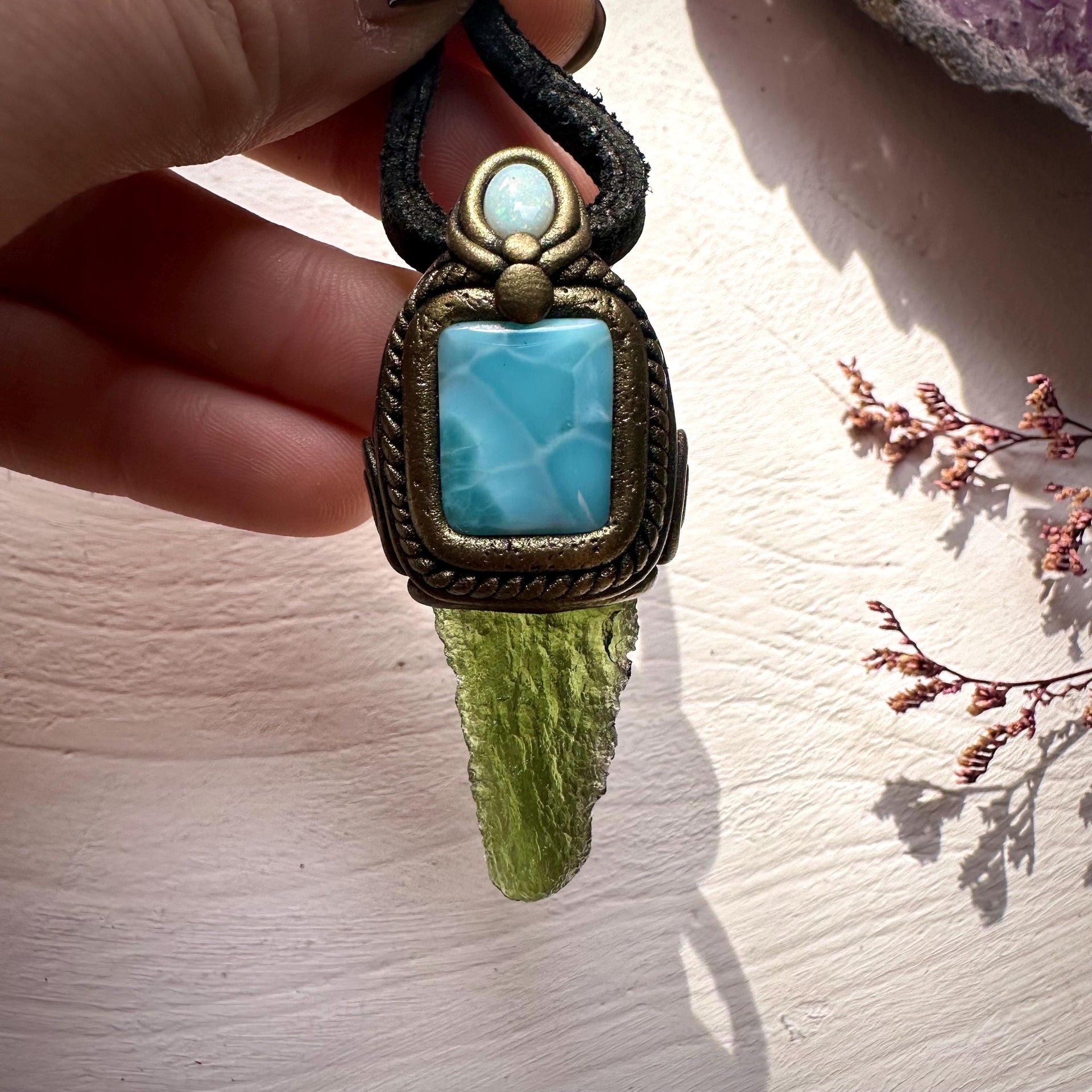 Moldavite with Larimar and Australian Opal Pendant Necklace - FairyGardenGlow