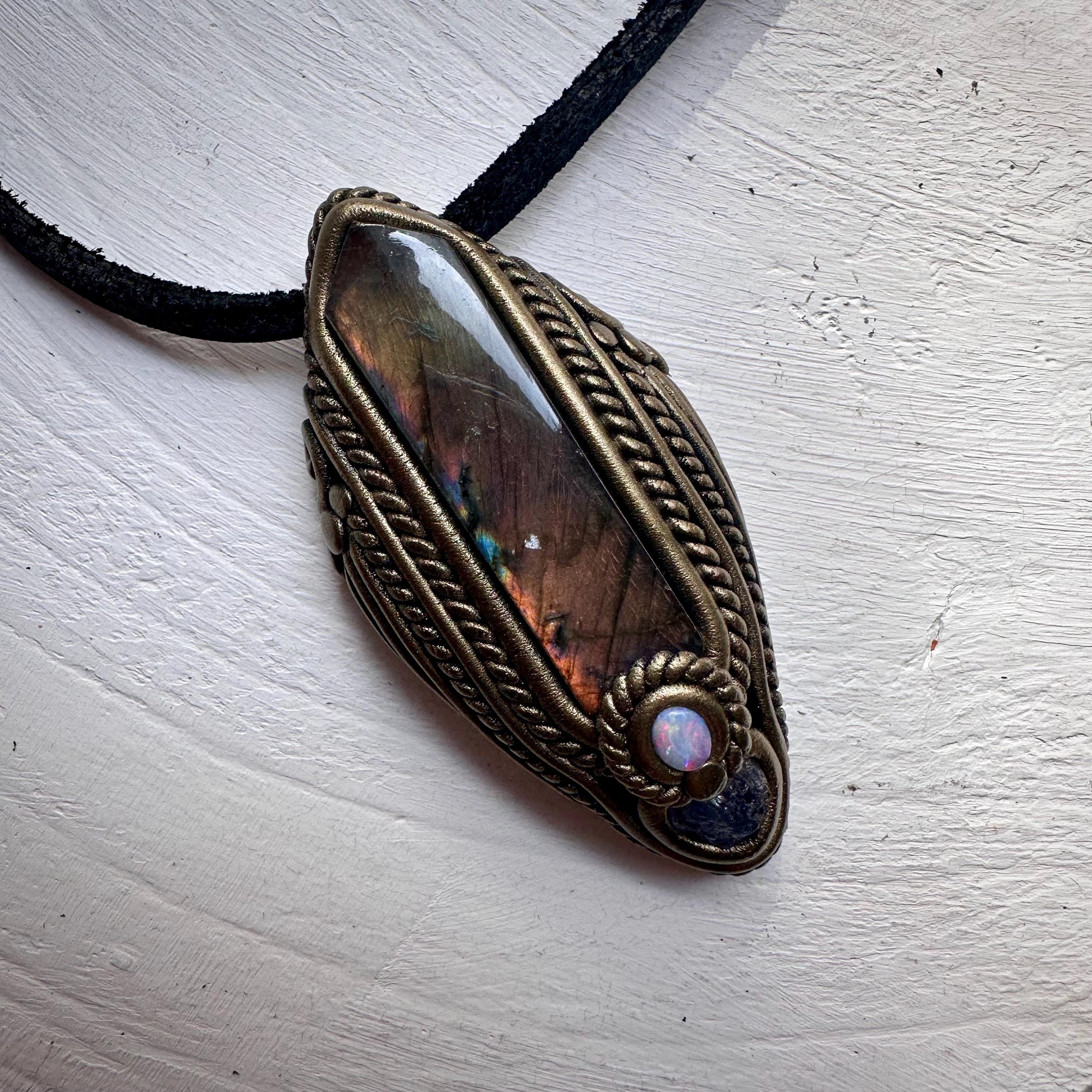 Labradorite Tanzanite and Australian Opal Pendant Necklace - FairyGardenGlow
