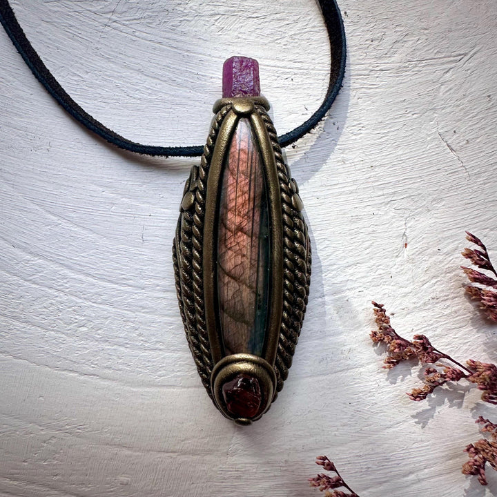 Labradorite Hessonite Garnet and Ruby Necklace - FairyGardenGlow