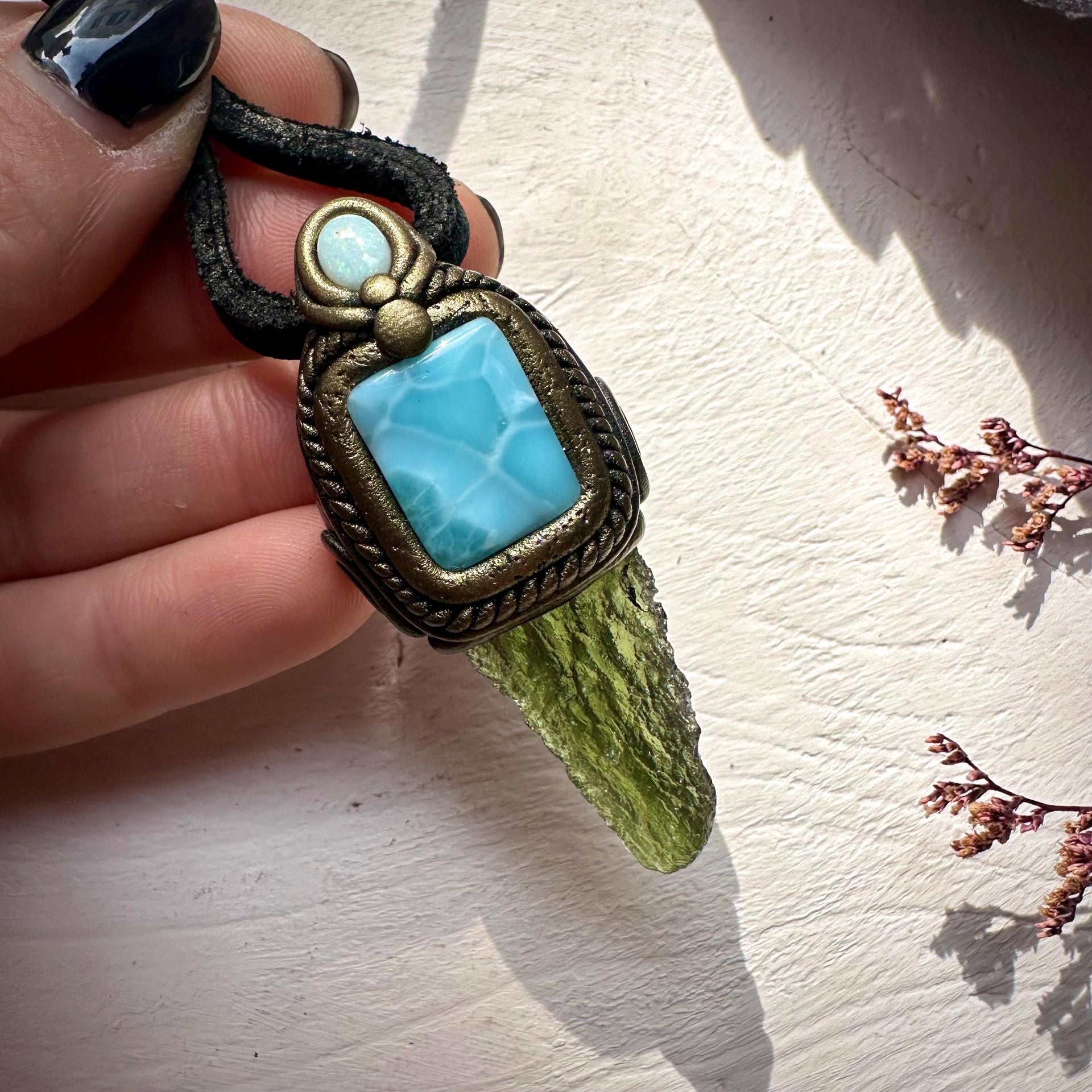 Moldavite with Larimar and Australian Opal Pendant Necklace - FairyGardenGlow