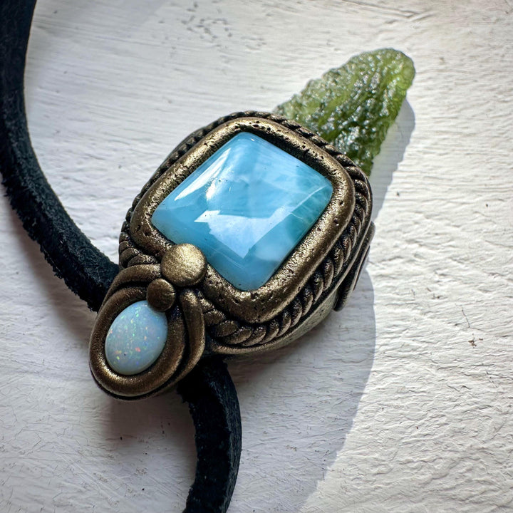 Moldavite with Larimar and Australian Opal Pendant Necklace - FairyGardenGlow