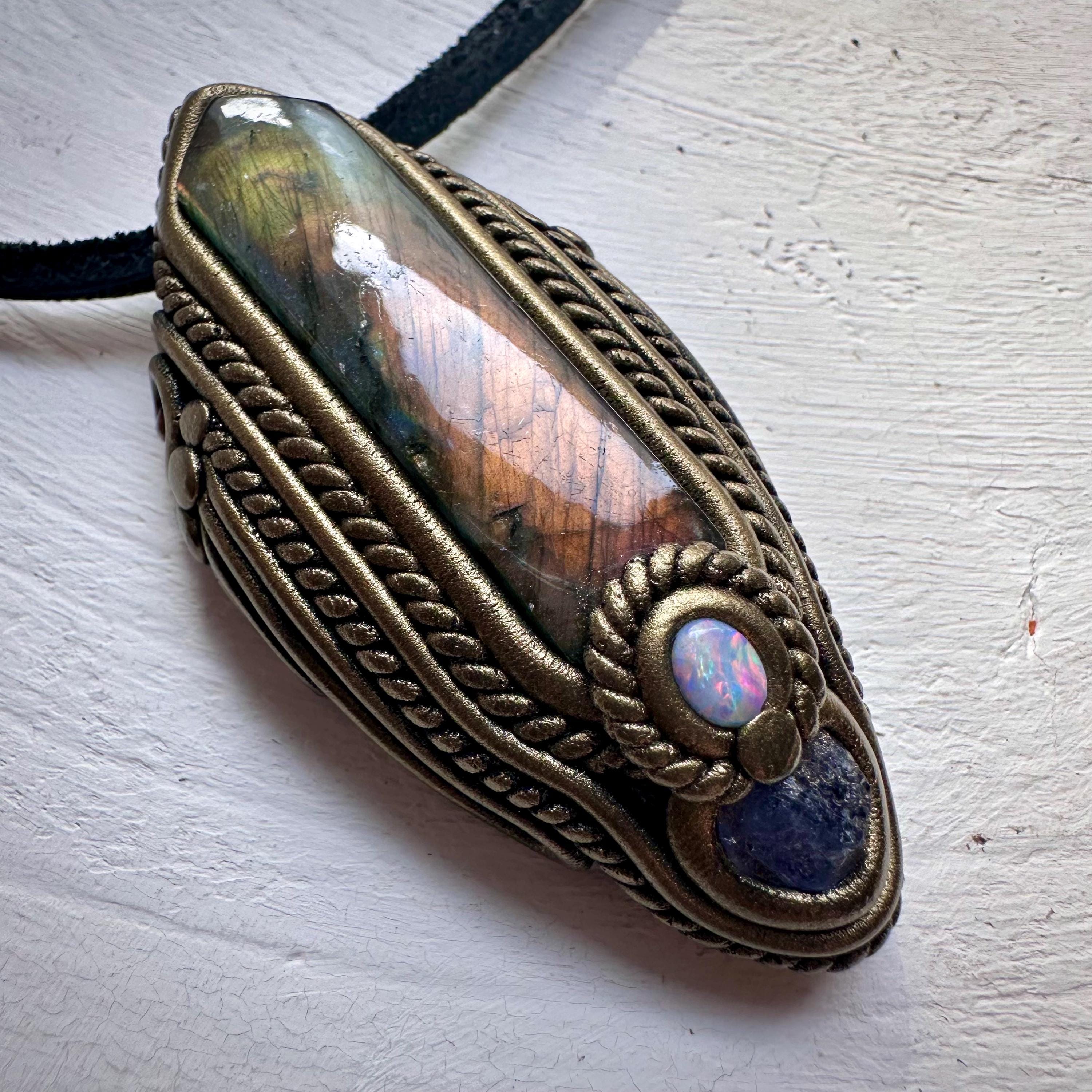 Labradorite Tanzanite and Australian Opal Pendant Necklace - FairyGardenGlow