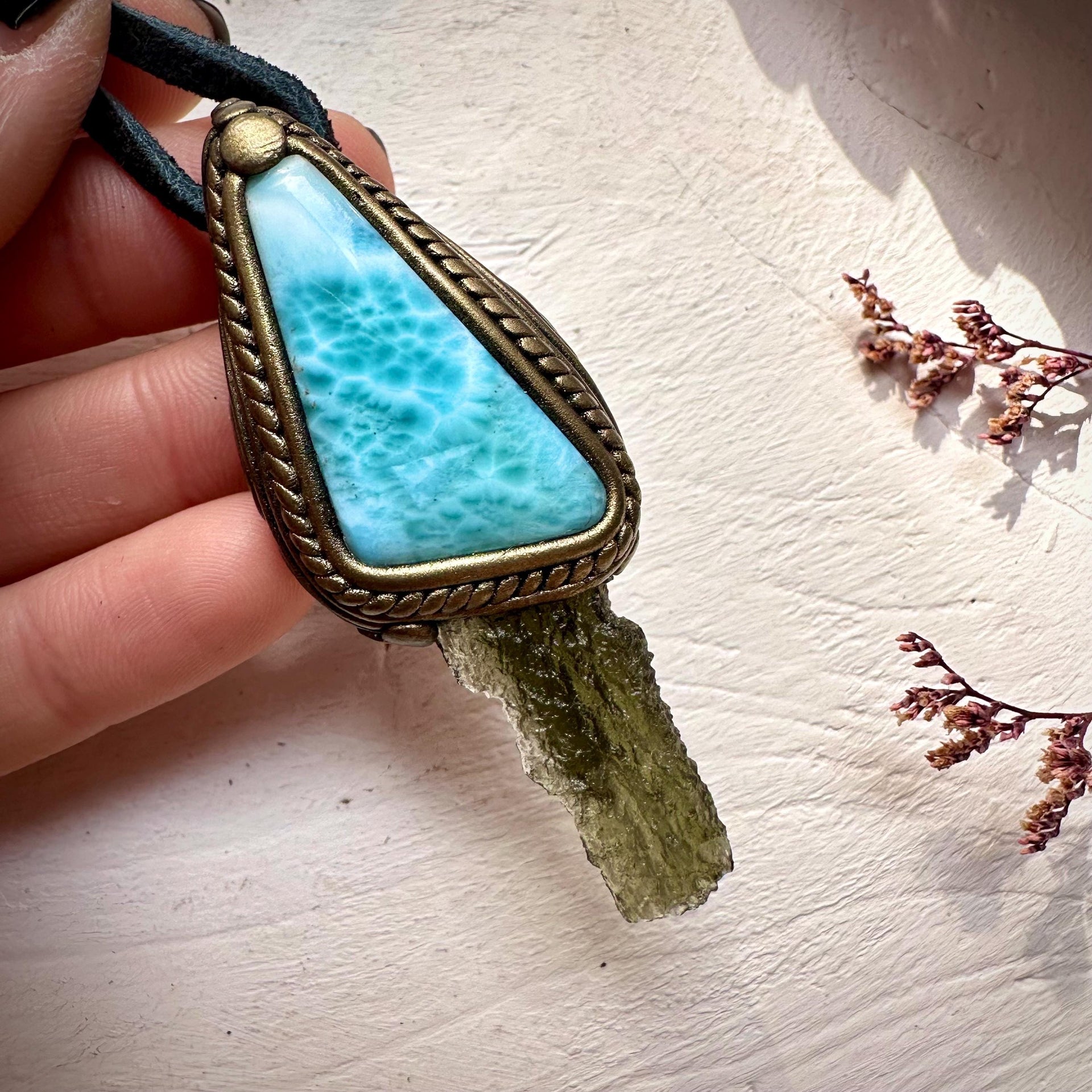 Larimar and Moldavite Pendant Necklace - FairyGardenGlow