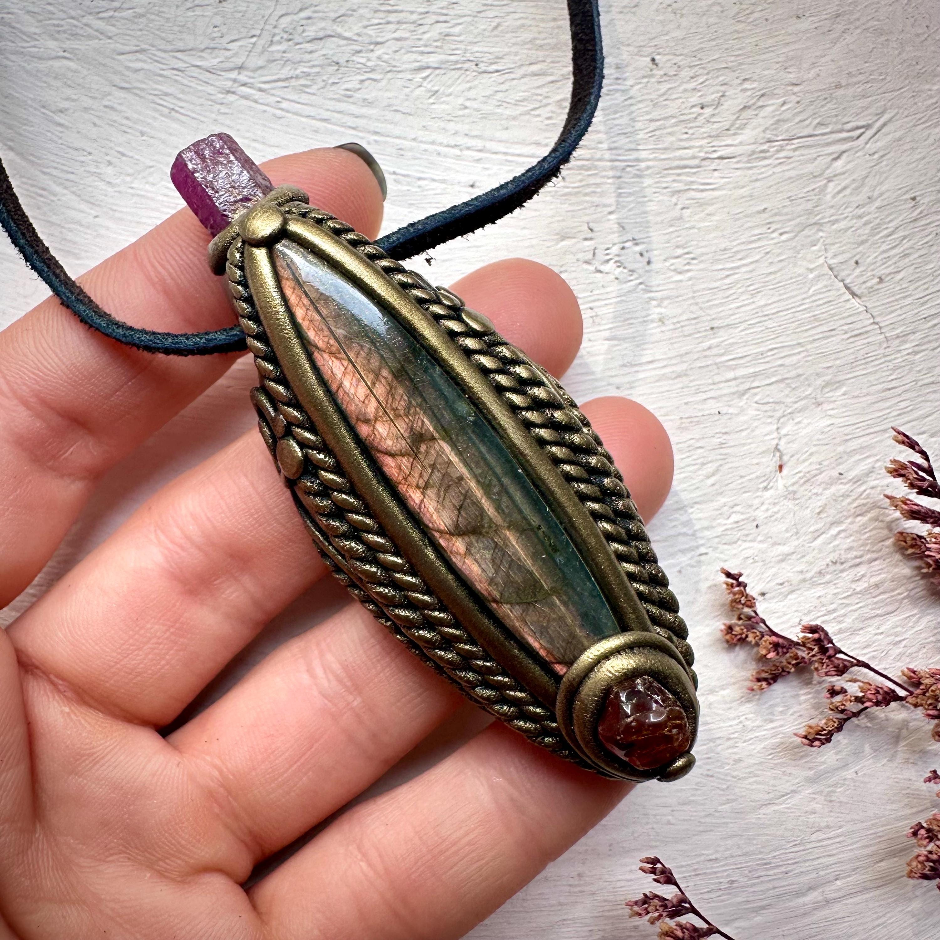 Labradorite Hessonite Garnet and Ruby Necklace - FairyGardenGlow