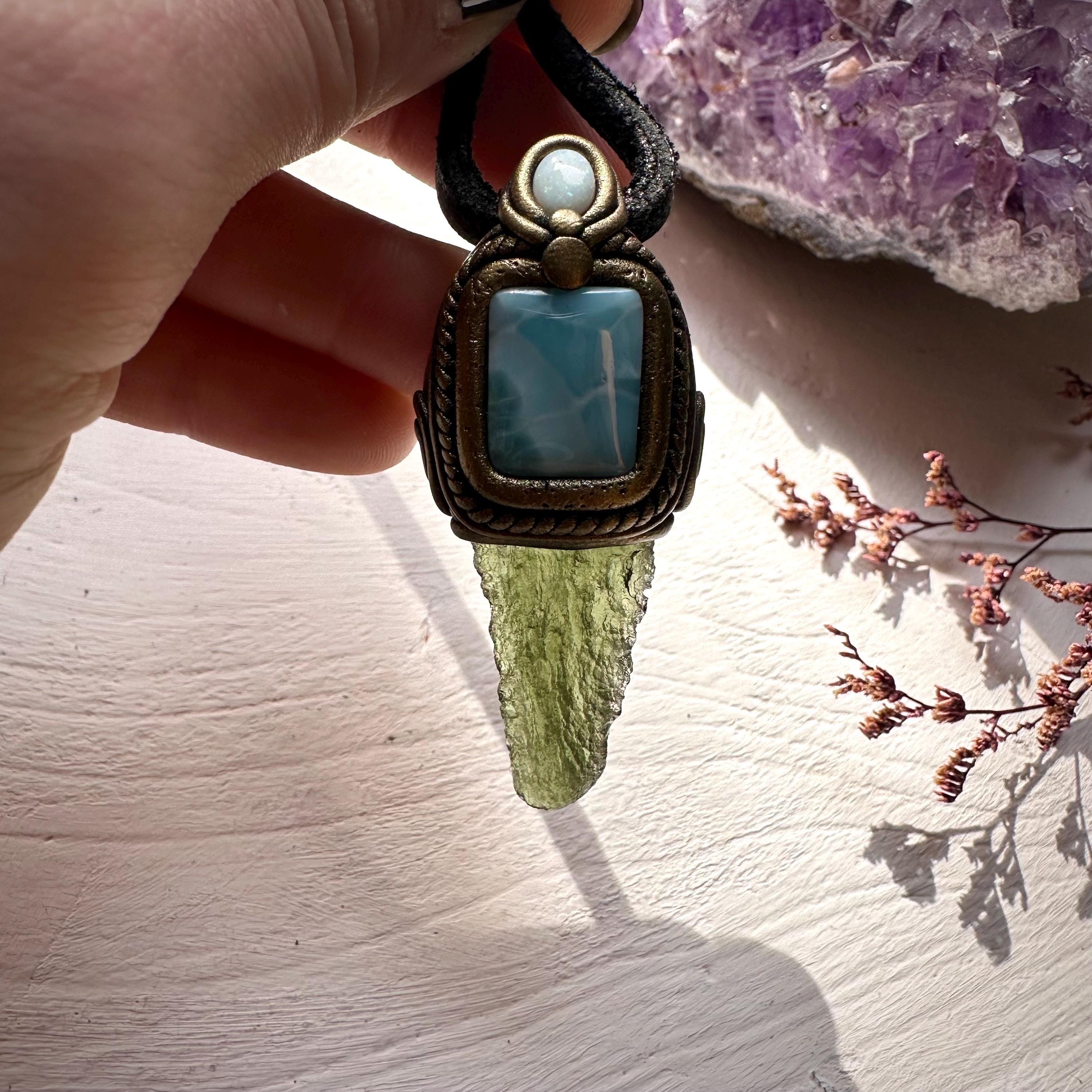 Moldavite with Larimar and Australian Opal Pendant Necklace - FairyGardenGlow